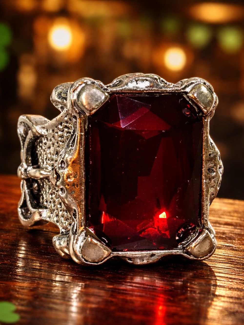 Goth Style Ring Faux Ruby Large Stone In Silver Tone Setting Statement Size 10